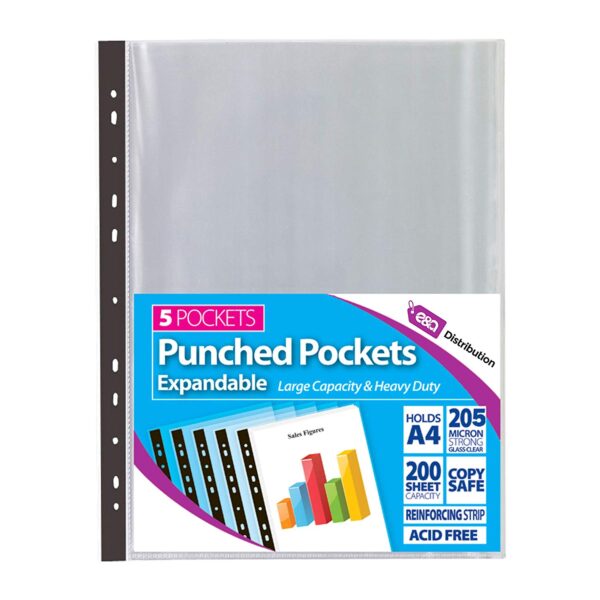 Pack of 25 Tiger A4 5 Expandable Punched Pockets Heavy Duty 200 Strong Micron