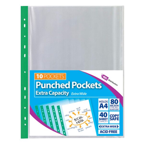 Pack of 100 Tiger A4 10 Extra Capacity Punched Pockets Extra Wide 80 Strong Micron